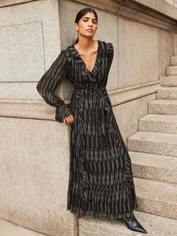 Ro&Zo Lydia Metallic Long Sleeve V Neck Ruffle Maxi Dress, Gold/Black