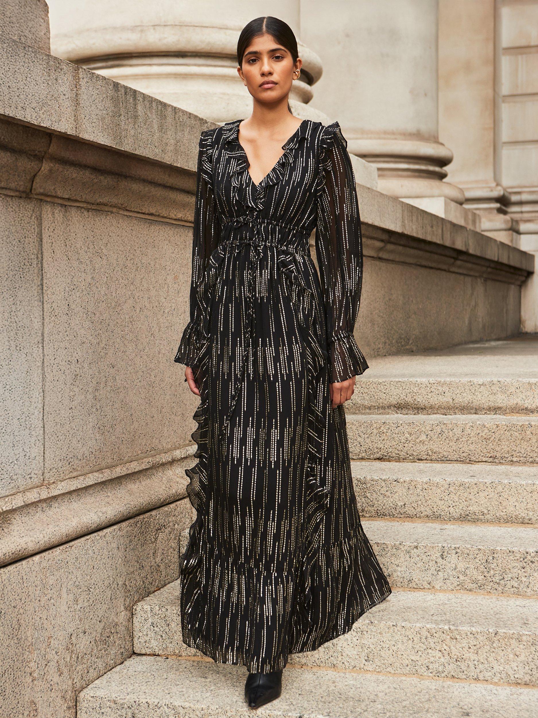 Ro&Zo Lydia Metallic Long Sleeve V Neck Ruffle Maxi Dress
