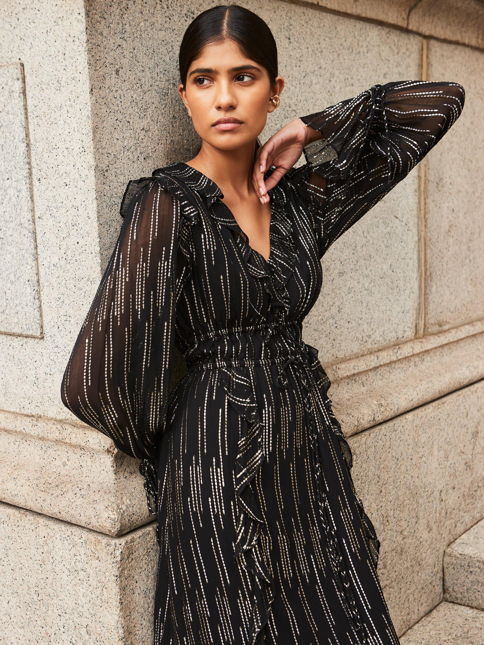 Ro&Zo Lydia Metallic Long Sleeve V Neck Ruffle Maxi Dress