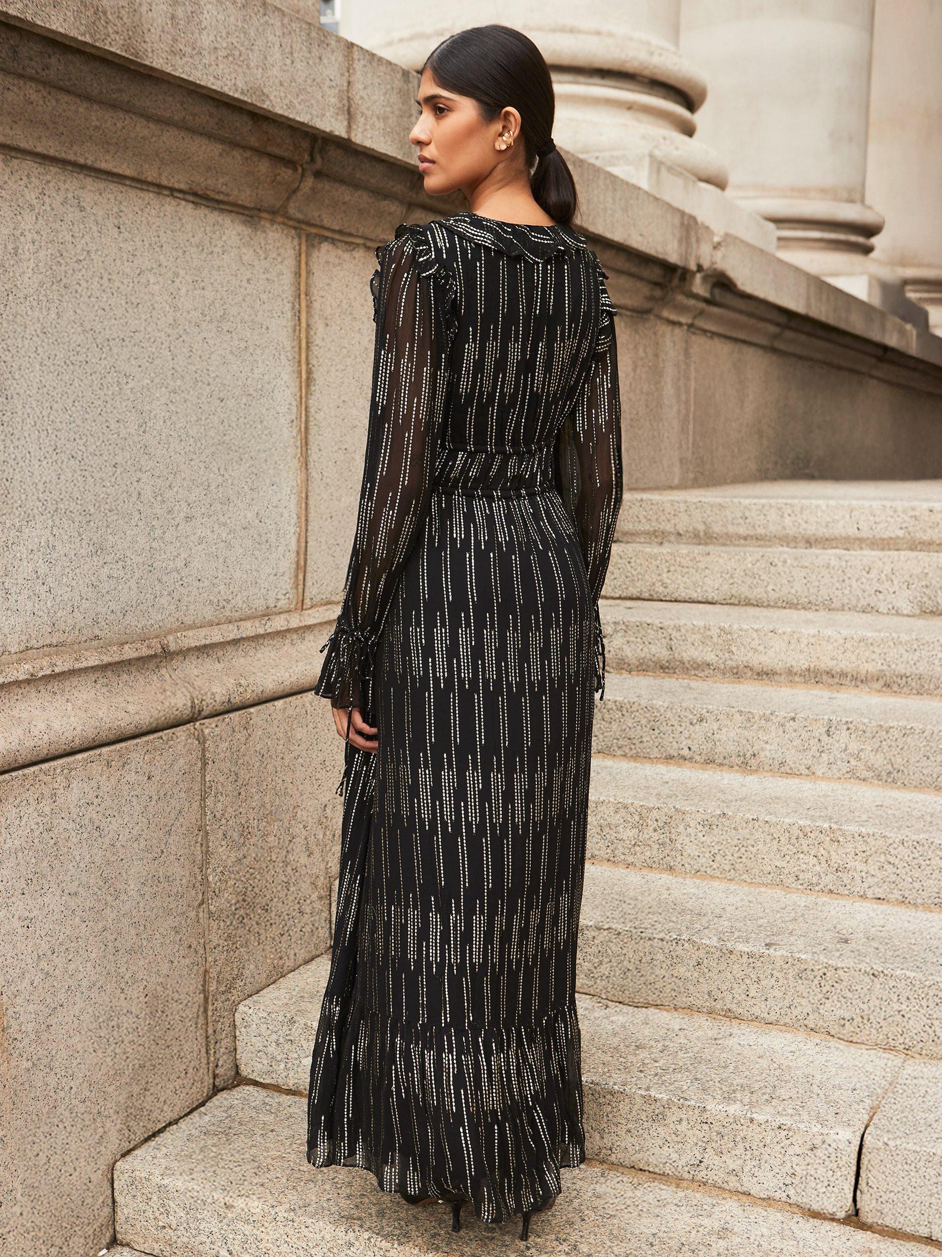 Ro&Zo Lydia Metallic Long Sleeve V Neck Ruffle Maxi Dress
