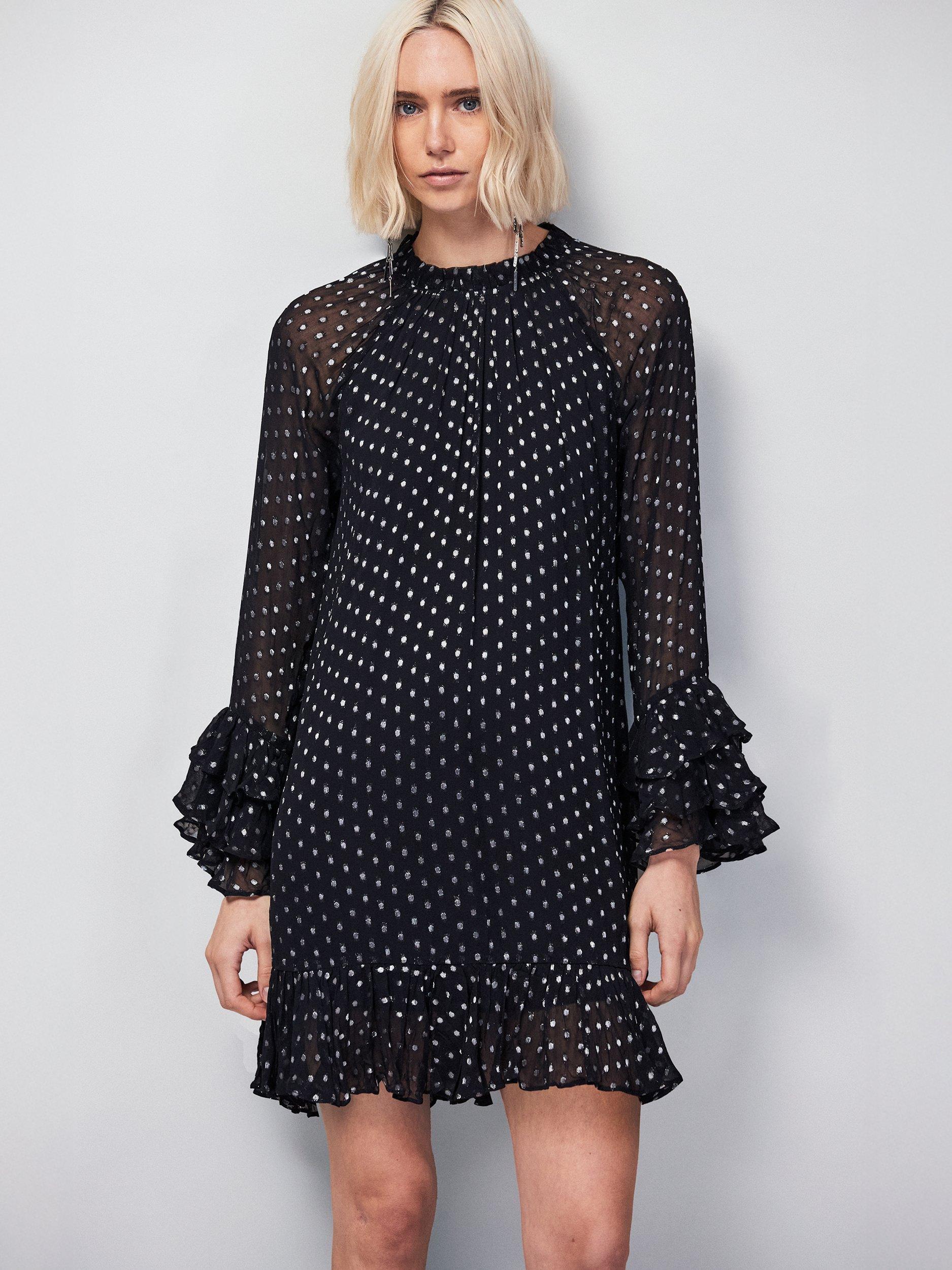 Product image 1 of 4, which shows Ro&Zo Beatrix Foil Frill Sleeve Mini Dress, Silver/Multi, 8