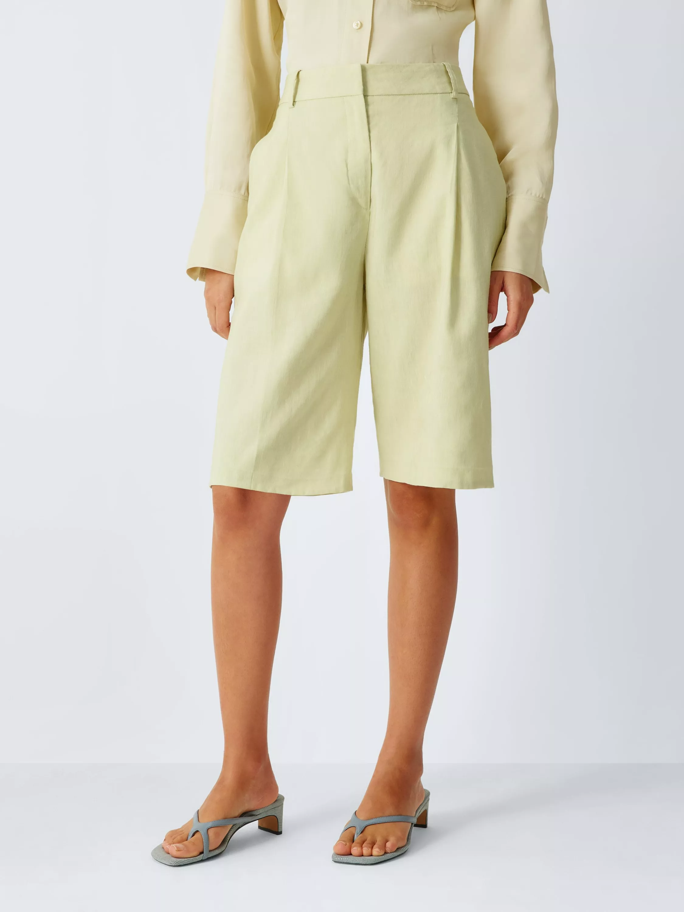John Lewis x REJINA PYO Linen Rich Pleat Detail Tailored Shorts, Spring Green