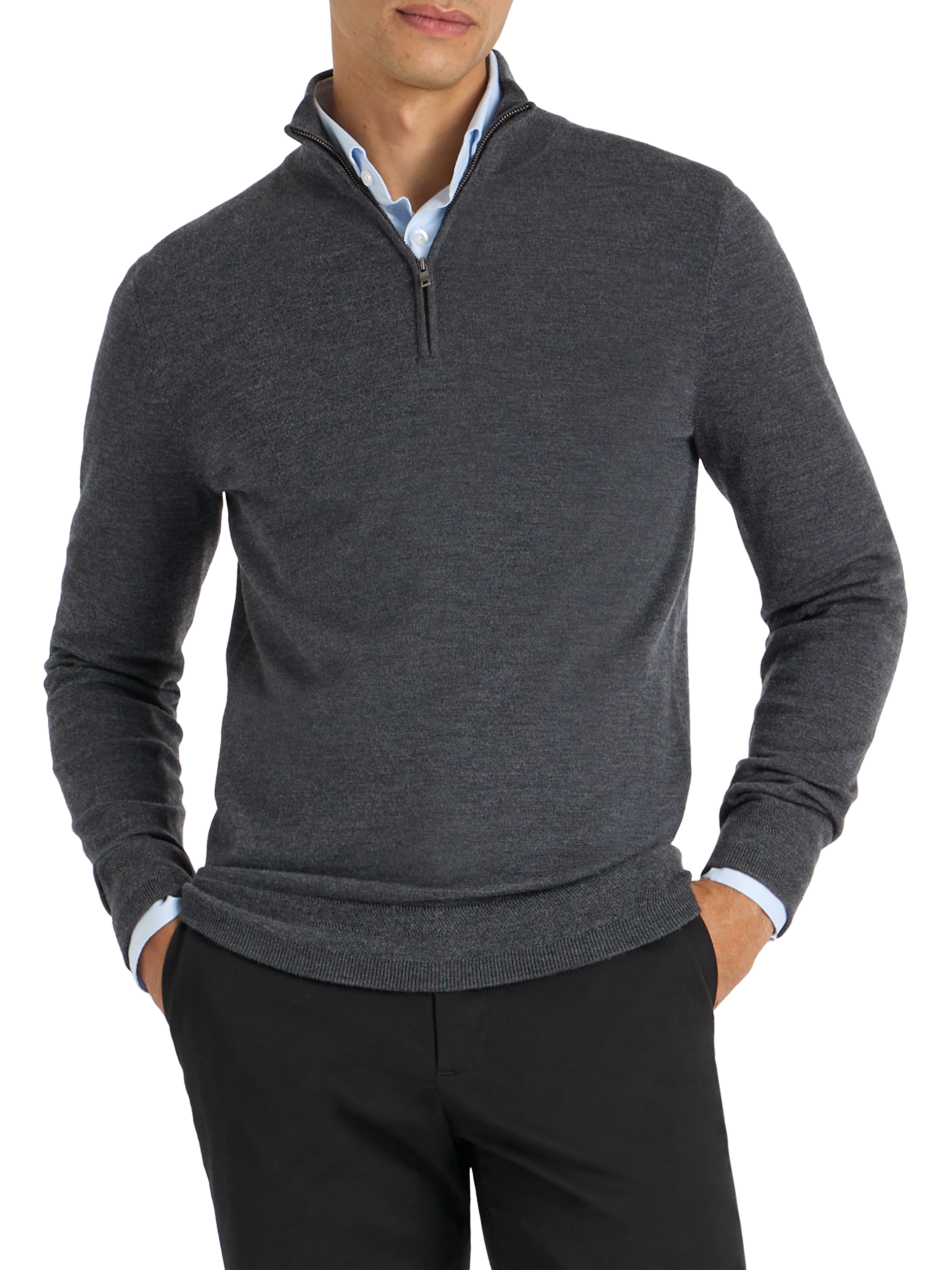 Product image 1 of 8, which shows SPOKE Merino Half Zip Straight Fit Jumper, Charcoal, S Reg