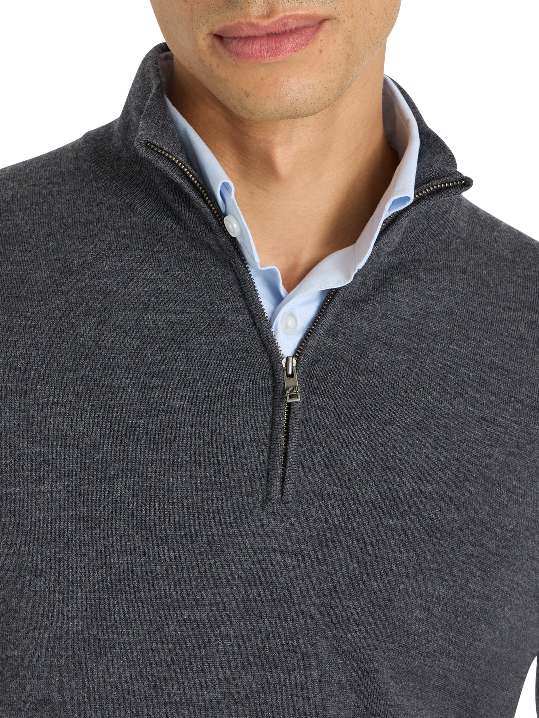 Product image 4 of 8, which shows SPOKE Merino Half Zip Straight Fit Jumper, Charcoal, S Reg