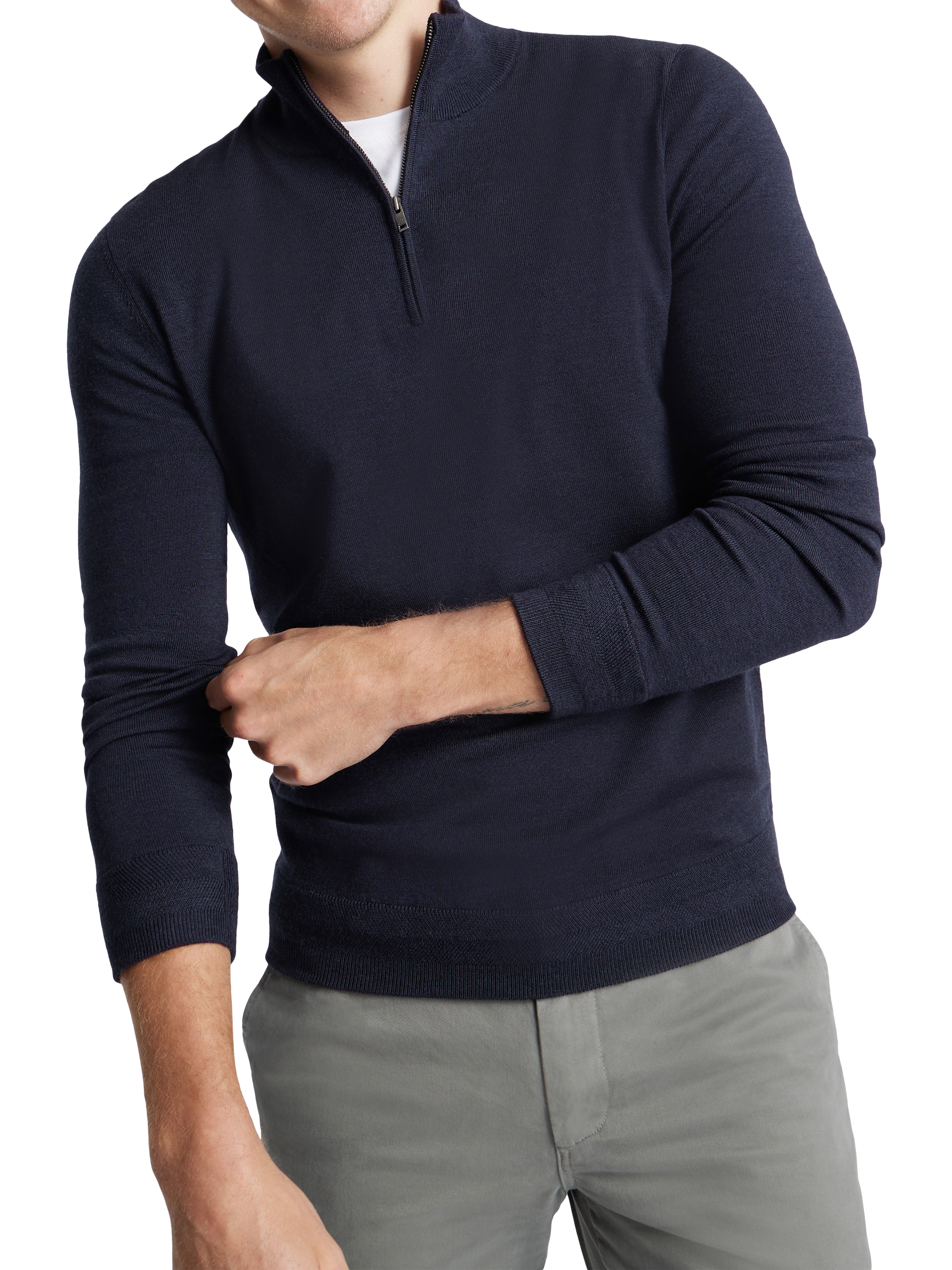 Product image 1 of 6, which shows SPOKE Merino Half Zip Slim Fit Jumper, Dark Navy, S Sht
