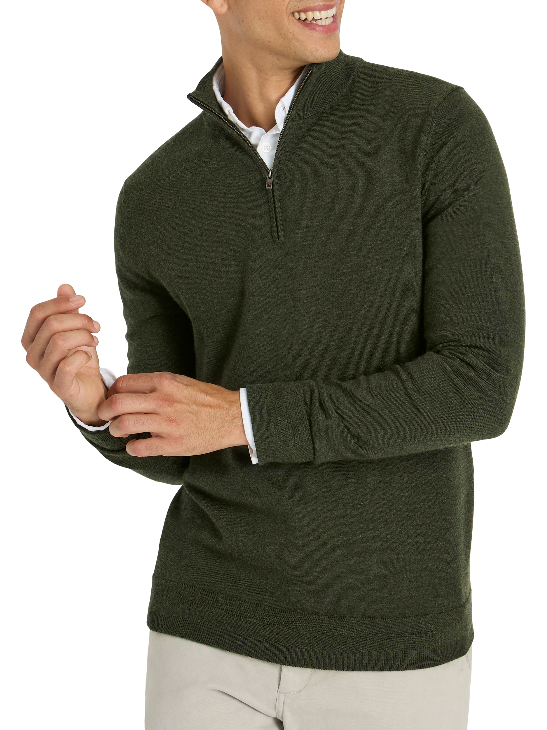 Product image 3 of 9, which shows SPOKE Merino Half Zip Slim Fit Jumper, Forest, S Sht