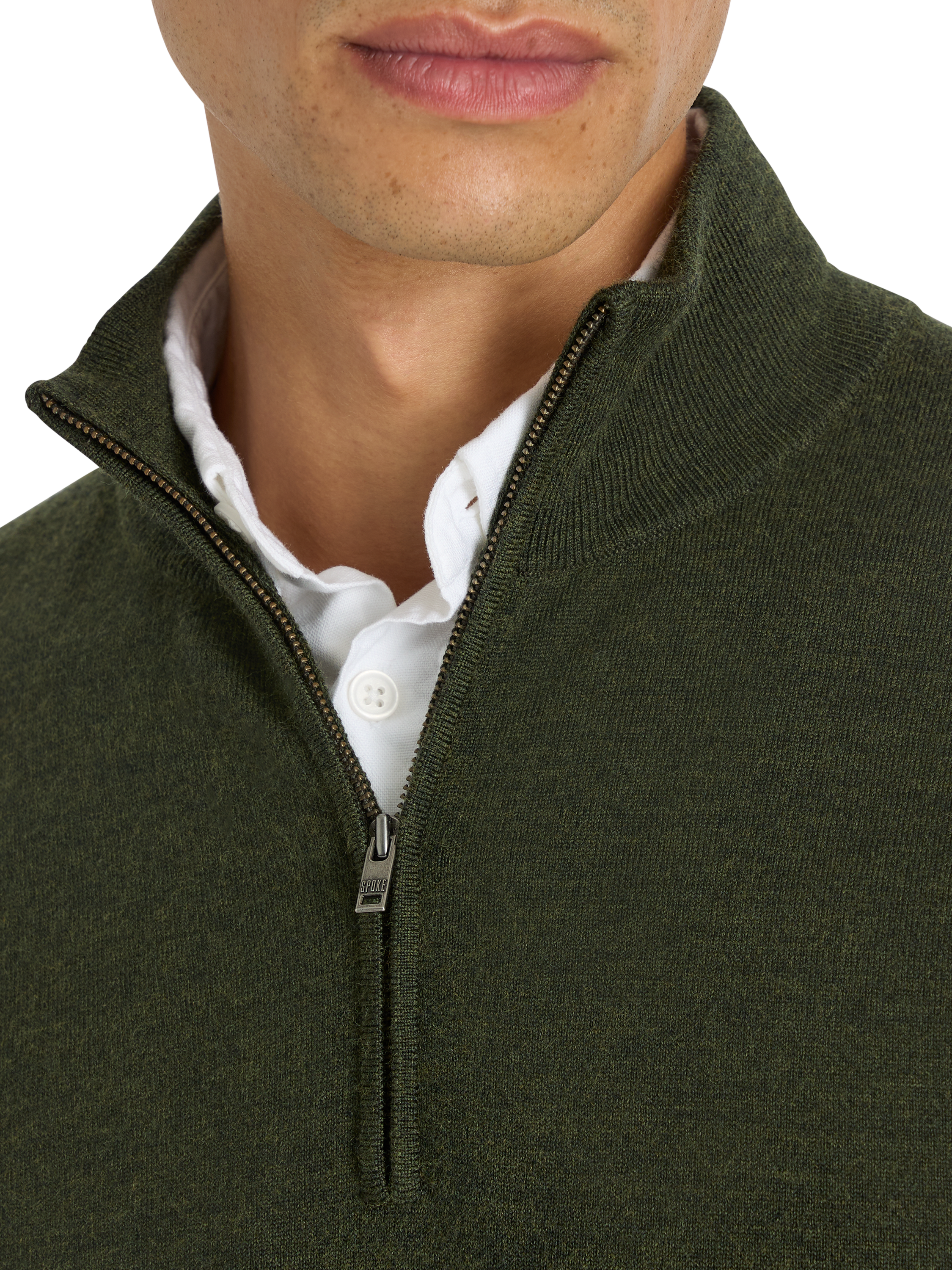 Product image 4 of 9, which shows SPOKE Merino Half Zip Slim Fit Jumper, Forest, S Sht