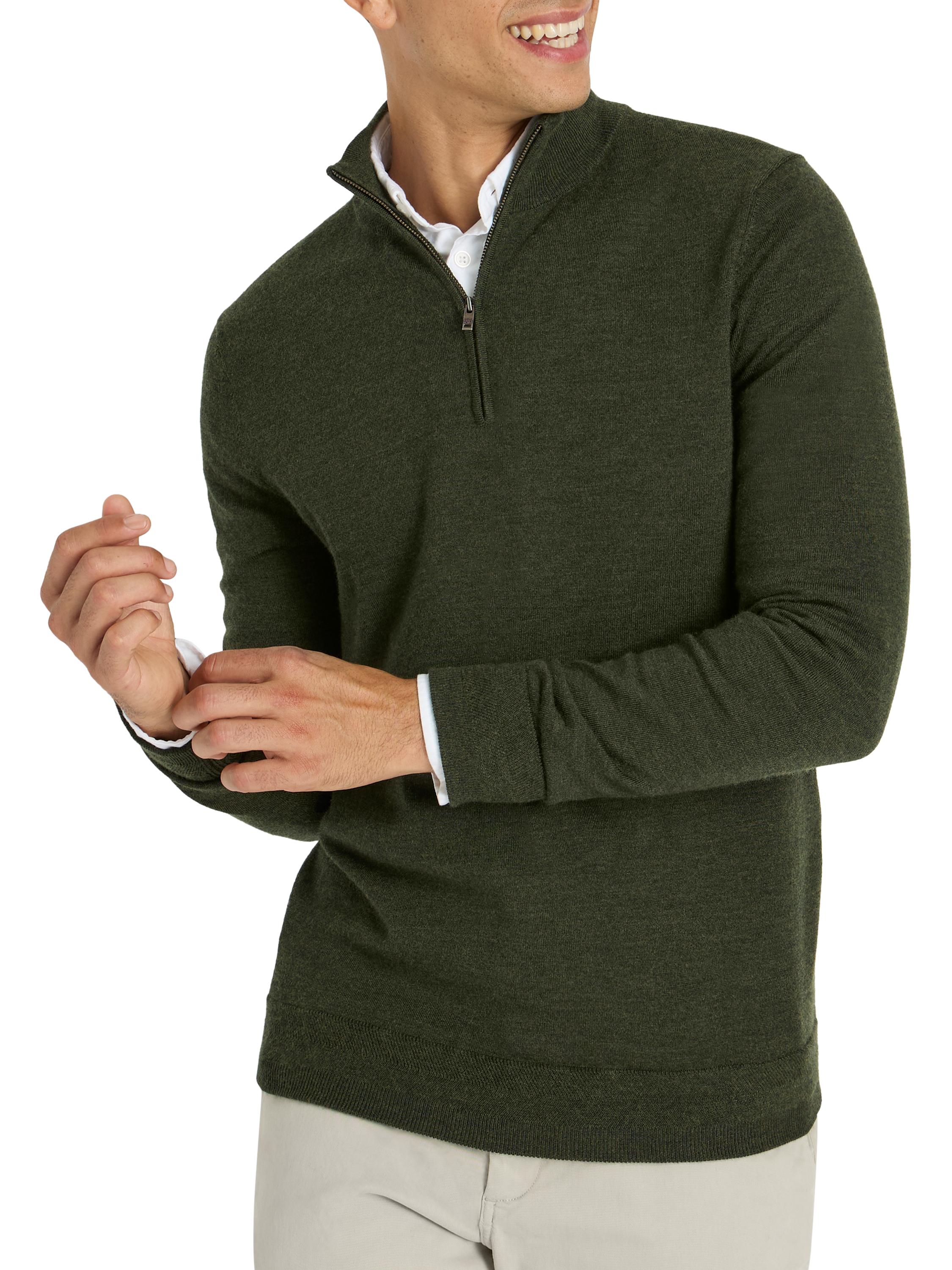 Product image 4 of 9, which shows SPOKE Merino Half Zip Straight Fit Jumper, Forest, S Reg