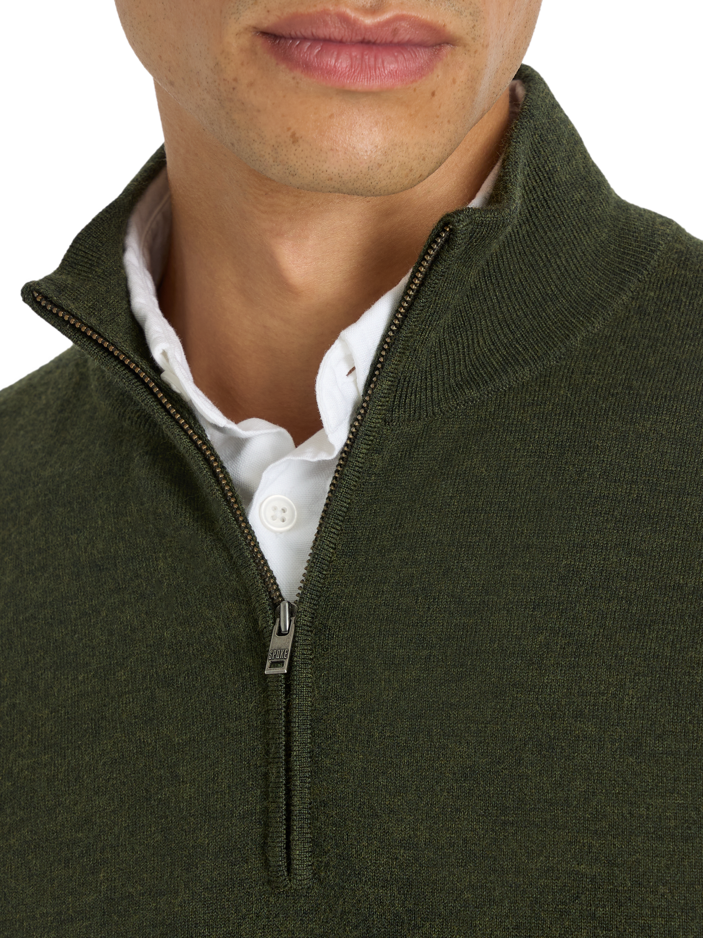 Product image 5 of 9, which shows SPOKE Merino Half Zip Straight Fit Jumper, Forest, S Reg