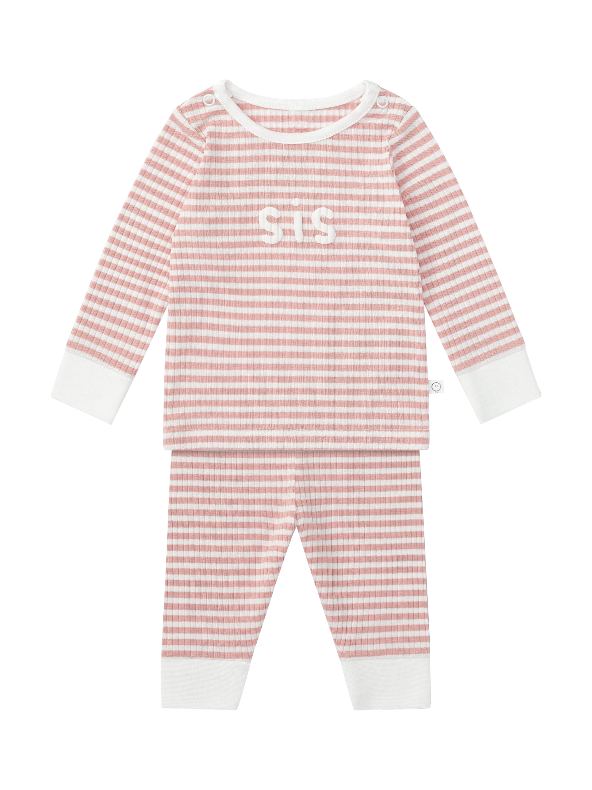 Product image 1 of 3, which shows Mori Baby Sis Ribbed Pyjama Set, Pink Stripe, 18-24 months