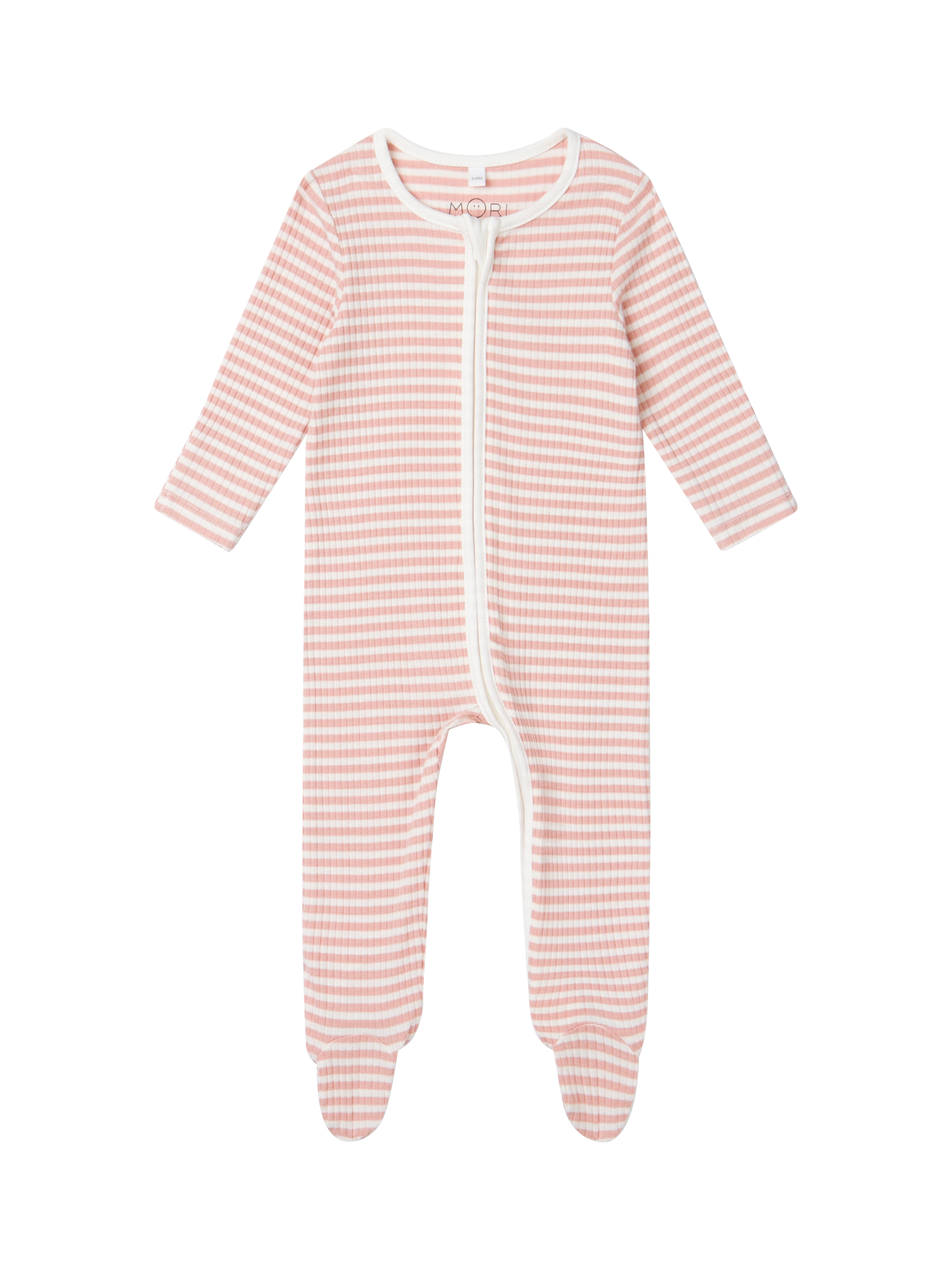 Product image 1 of 5, which shows MORI Ribbed Two Way Zip-Up Sleepsuit, Pink Stripe, 0-3 months