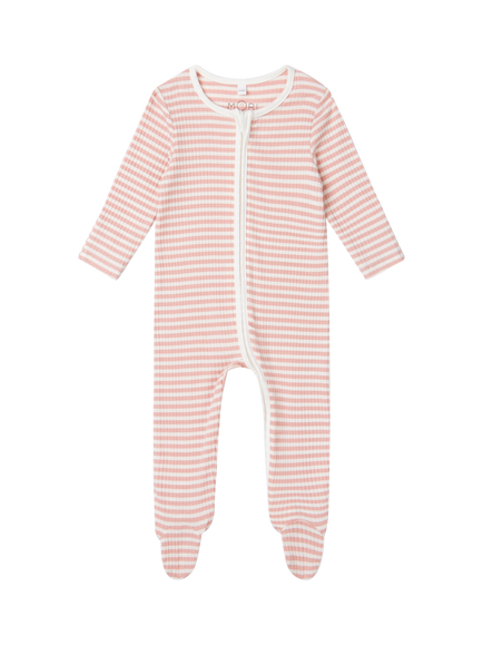 MORI Ribbed Two Way Zip-Up Sleepsuit, Pink Stripe, Pink Stripe