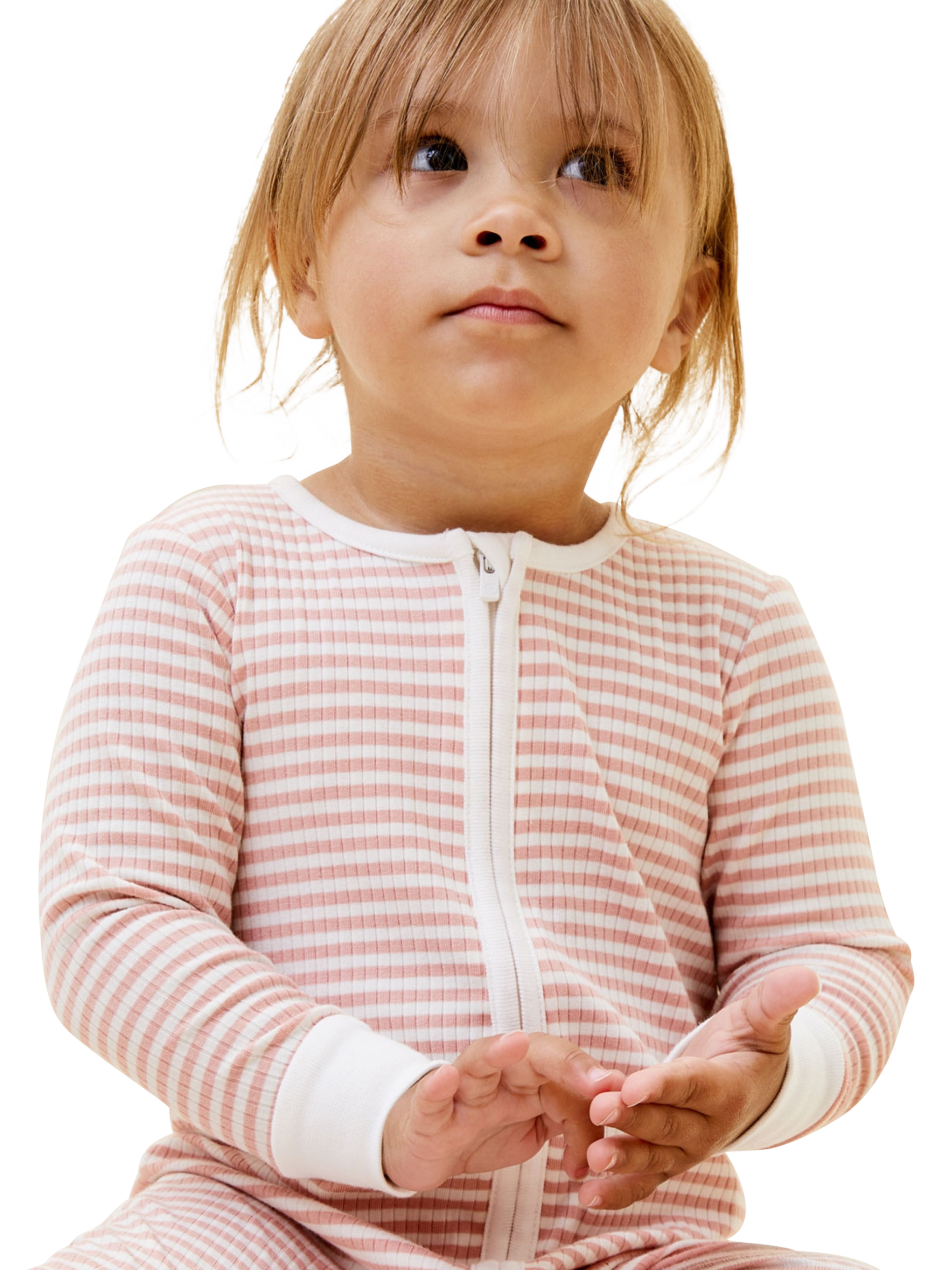 Product image 2 of 5, which shows MORI Ribbed Two Way Zip-Up Sleepsuit, Pink Stripe, 0-3 months