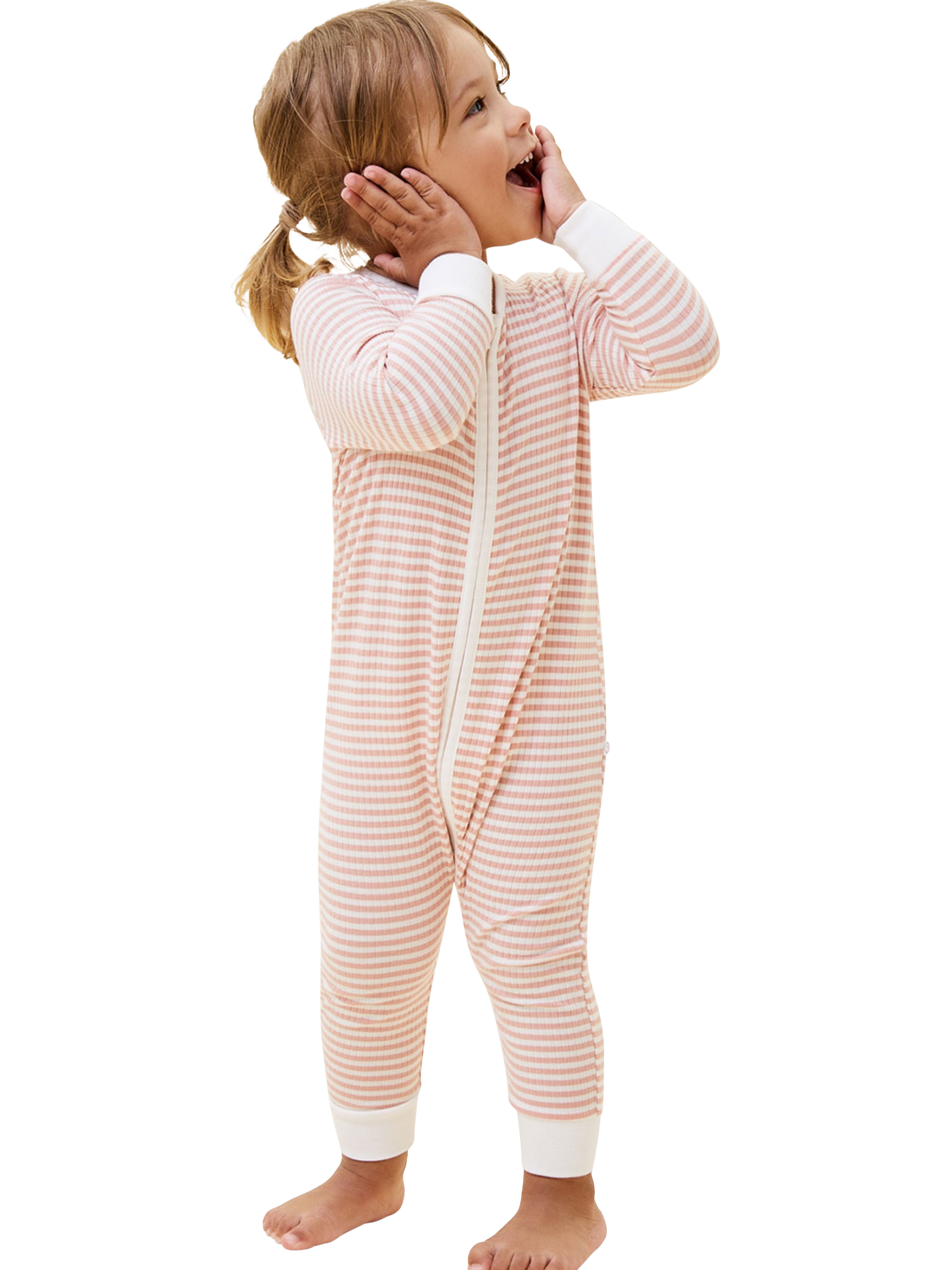 Product image 3 of 5, which shows MORI Ribbed Two Way Zip-Up Sleepsuit, Pink Stripe, 0-3 months