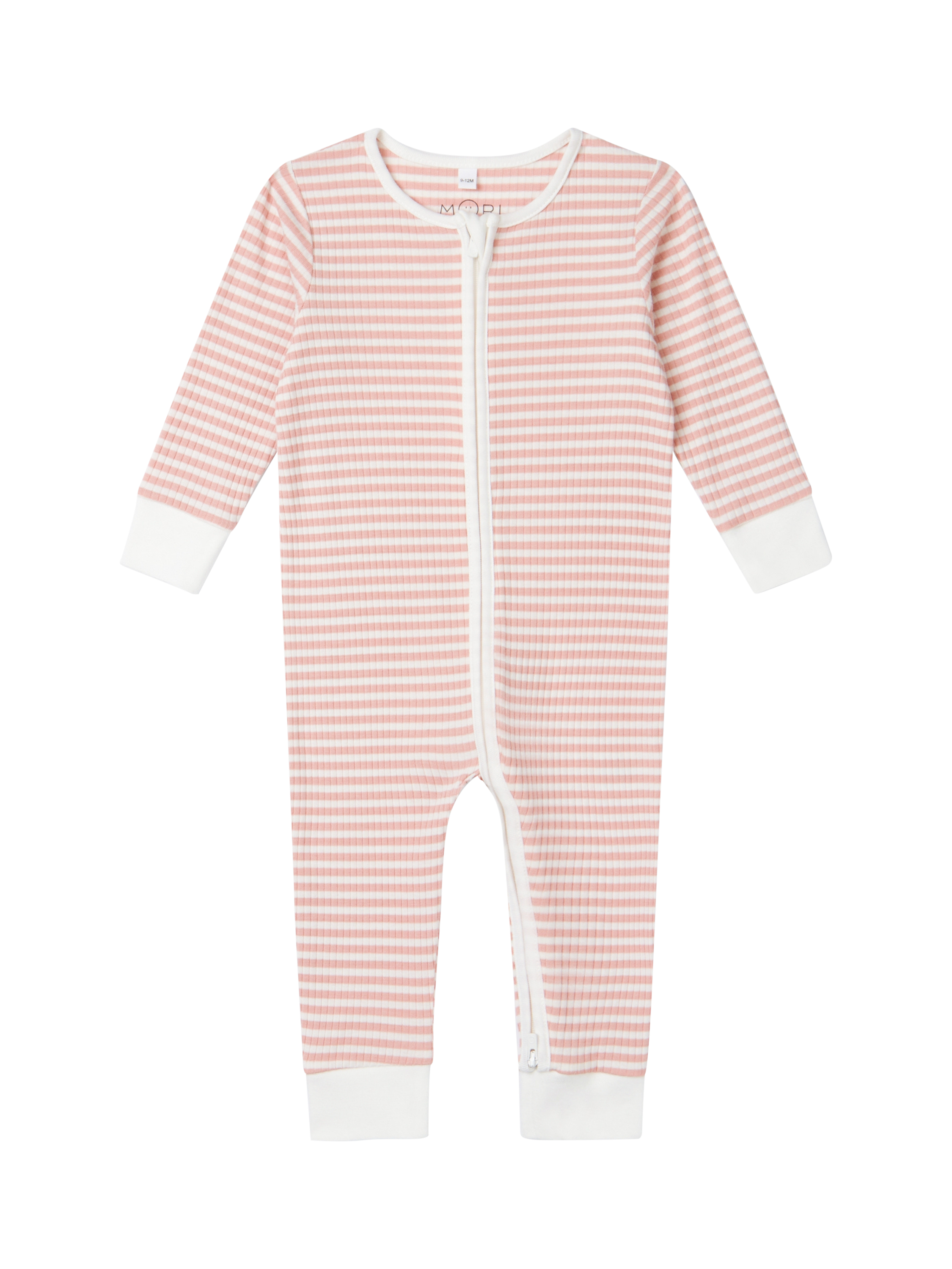 Product image 4 of 5, which shows MORI Ribbed Two Way Zip-Up Sleepsuit, Pink Stripe, 0-3 months
