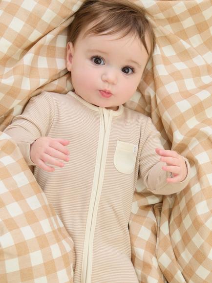 MORI Baby Ribbed Pocket Sleepsuit, Oatmeal Stripe - view 2, Oatmeal Stripe