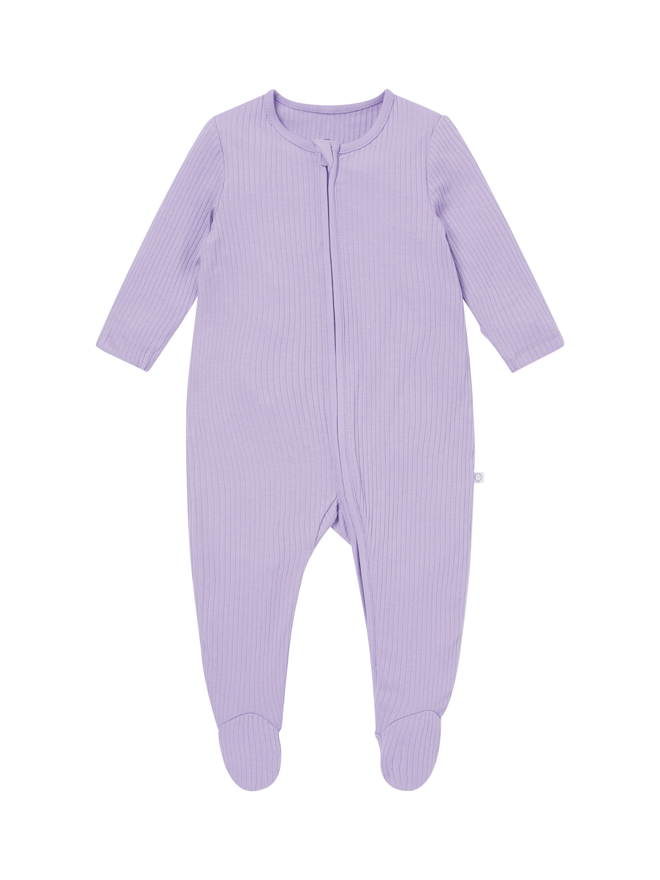 Product image 1 of 3, which shows MORI Baby Ribbed Sleepsuit, Lilac, 3-6 months
