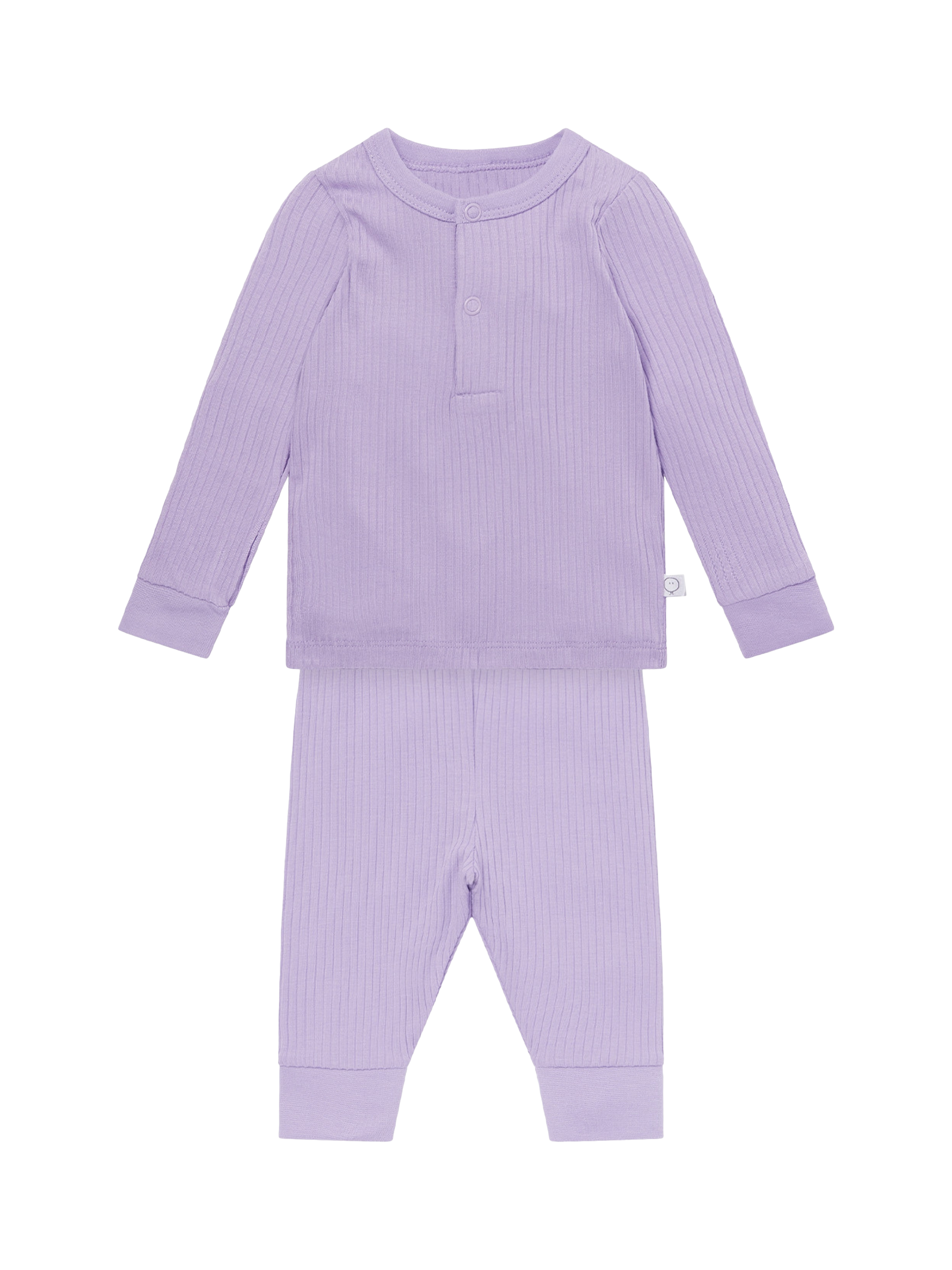 Product image 1 of 3, which shows MORI Kids' Ribbed Popper Neck Pyjamas, Lilac, 6-9 months
