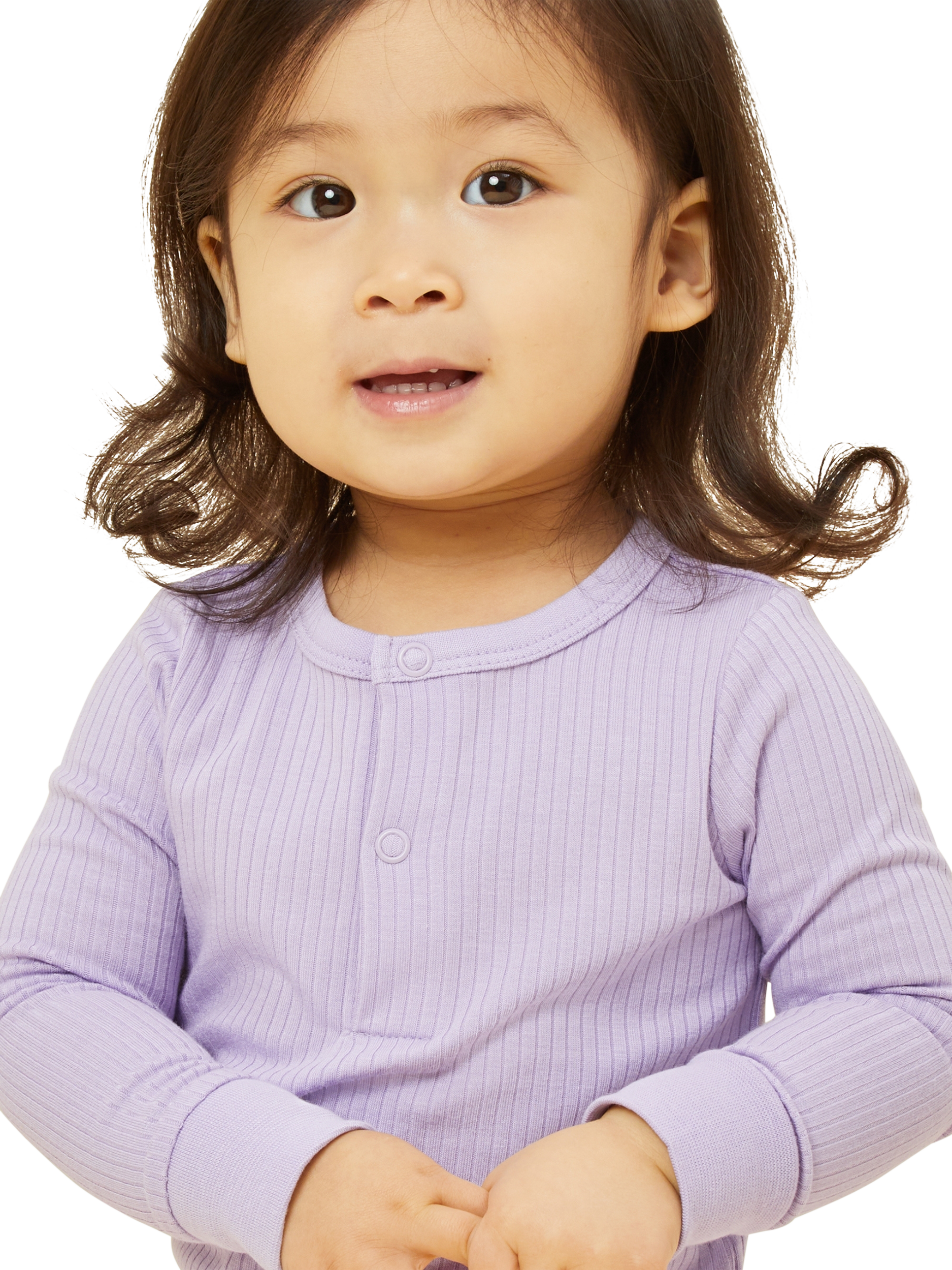 Product image 2 of 3, which shows MORI Kids' Ribbed Popper Neck Pyjamas, Lilac, 6-9 months