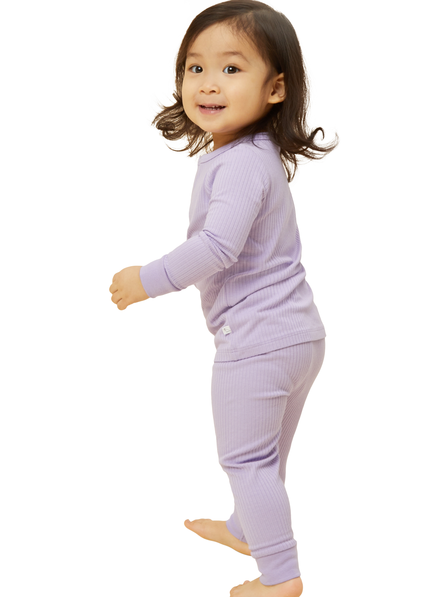 Product image 3 of 3, which shows MORI Kids' Ribbed Popper Neck Pyjamas, Lilac, 6-9 months