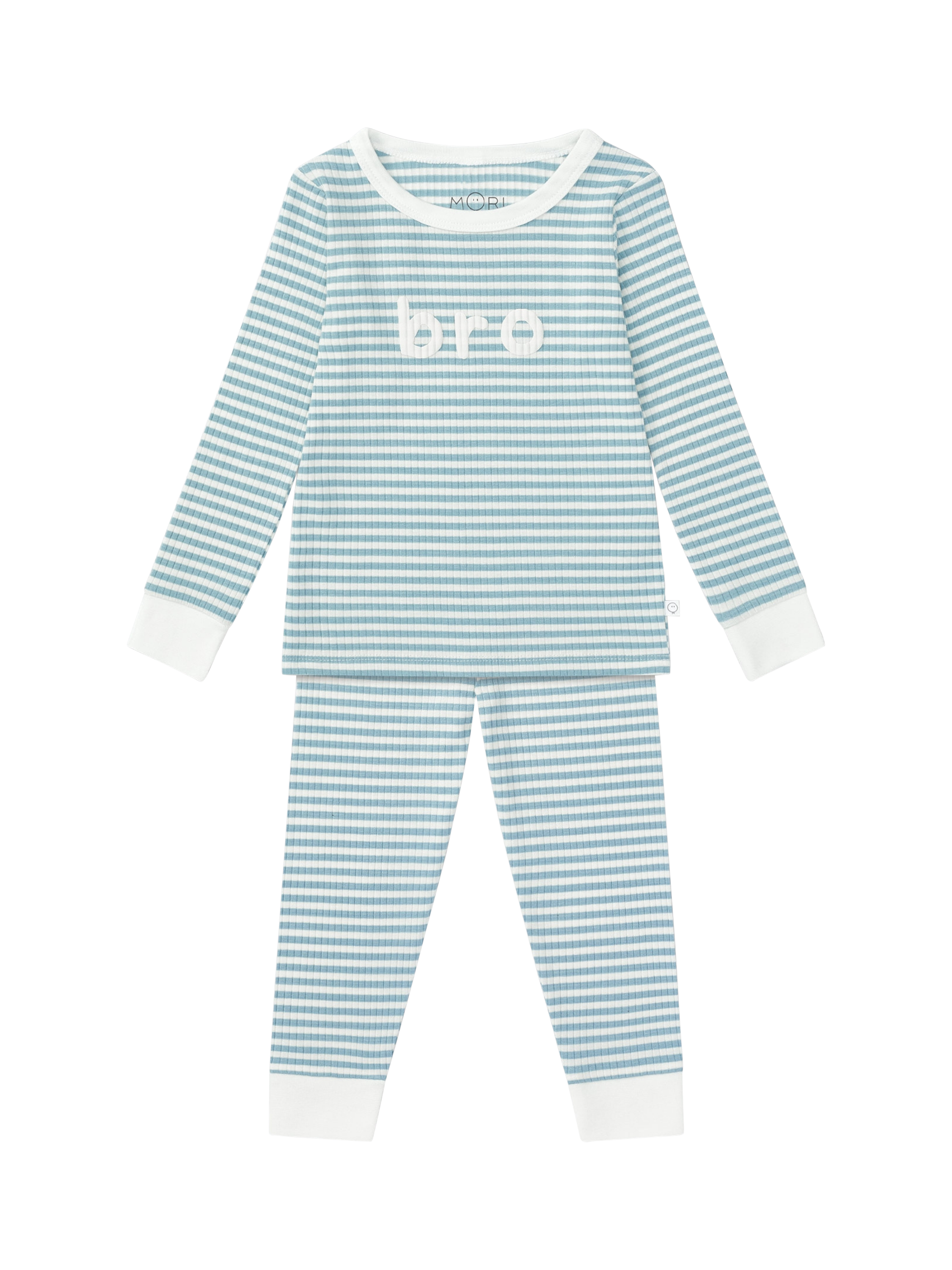 Product image 1 of 3, which shows MORI Kids' Bro Ribbed Pyjamas, Sea Stripe, 18-24 months