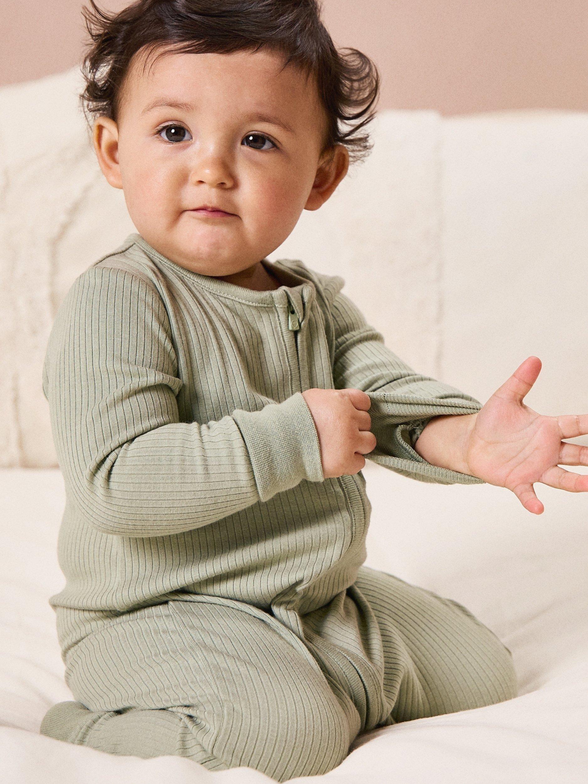 Product image 3 of 5, which shows MORI Baby Ribbed Sleepsuit, Sage, 0-3 months