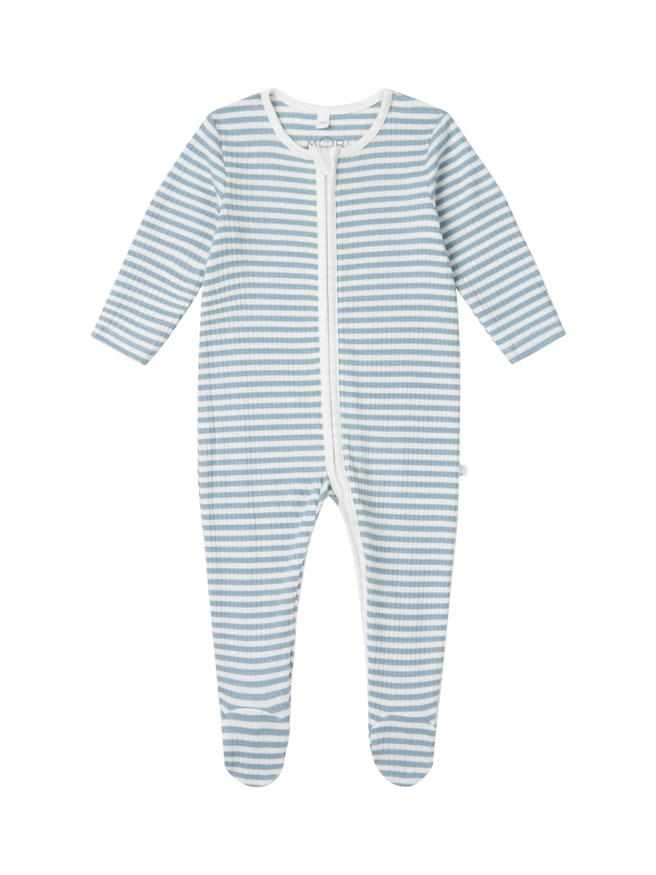 Product image 1 of 3, which shows MORI Baby Ribbed Sleepsuit, Sea Stripe, 12-18 months