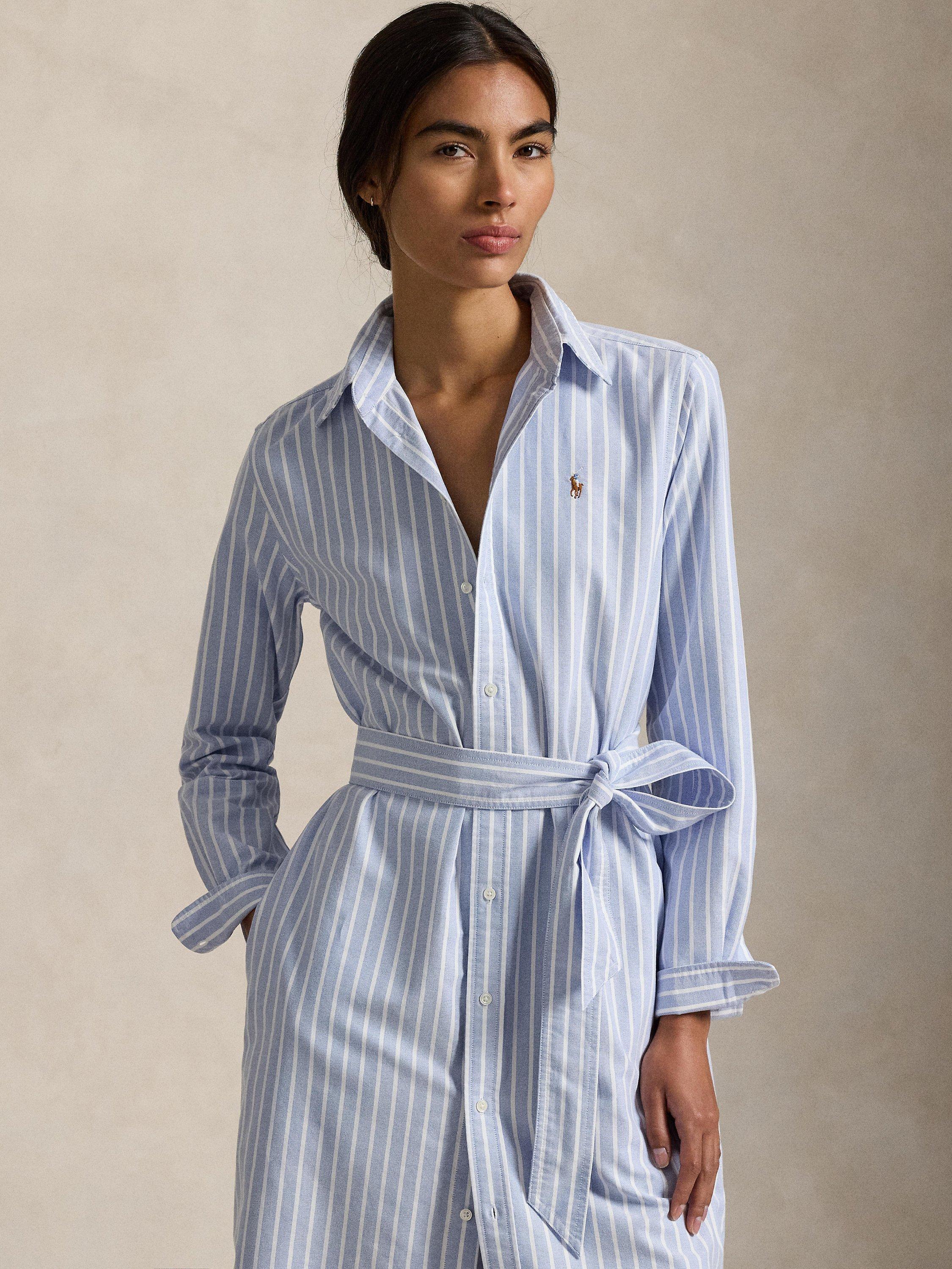 Polo Ralph Lauren Cory Stripe Oxford Belted Shirt Dress, Harbor Blue/White