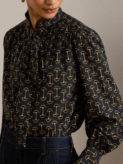 Lauren Ralph Lauren Geo Print Crepe Tie Neck Blouse, Dark Navy/Multi - view 2, Dark Navy/Multi