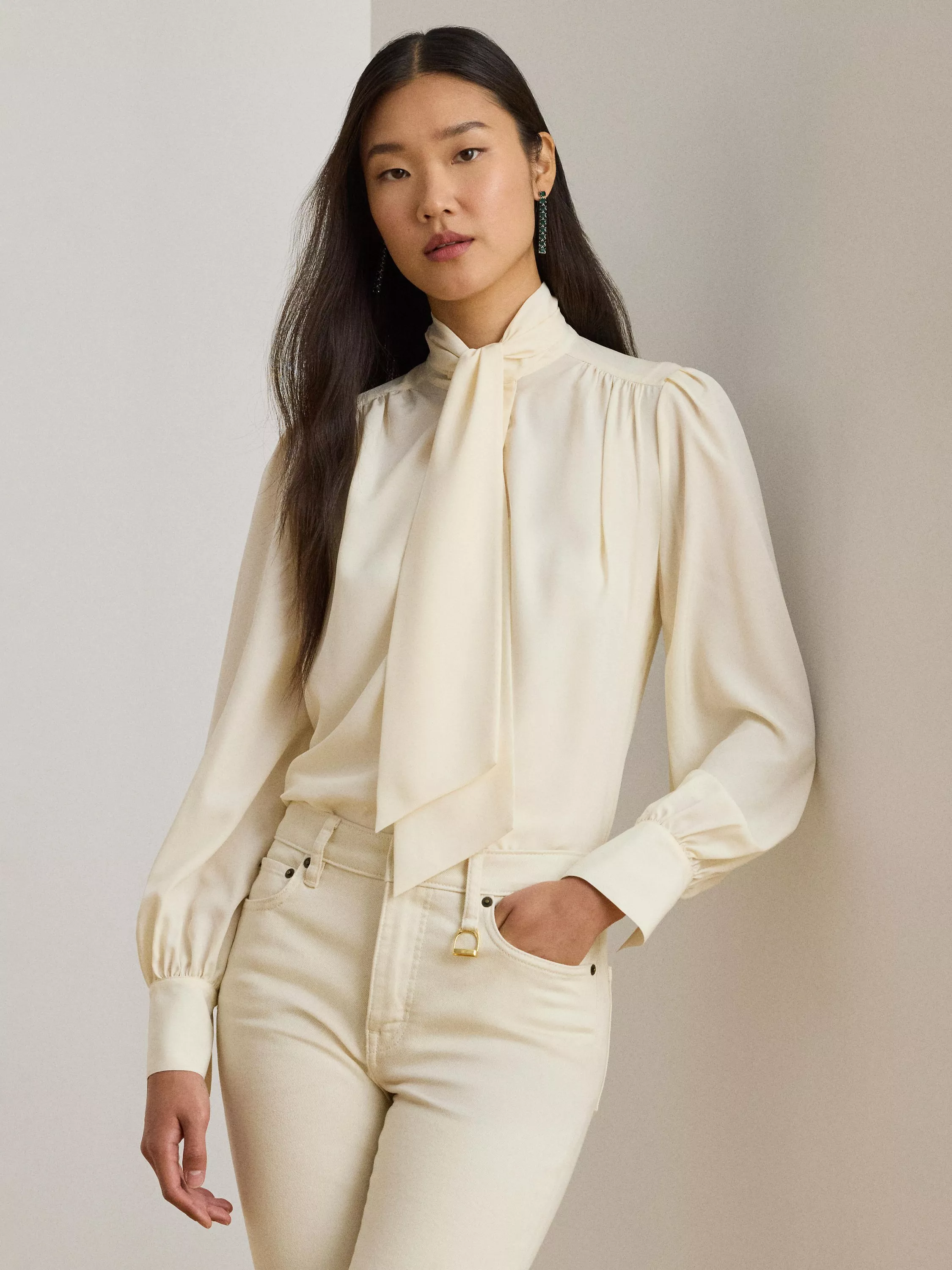 Lauren Ralph Lauren Klaryce Georgette Tie Neck Blouse, Mascarpone