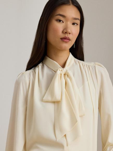 Lauren Ralph Lauren Klaryce Georgette Tie Neck Blouse, Mascarpone Cream - view 2, Mascarpone Cream