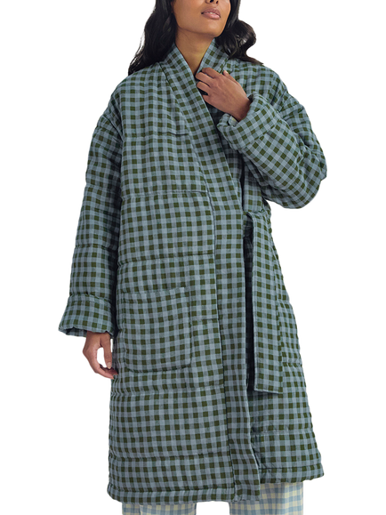 Piglet in Bed Gingham Quilted Linen Rich Housecoat, Fern Green/Dusk Blue, Fern Green/Dusk Blue