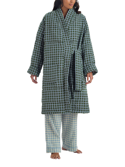 Piglet in Bed Gingham Quilted Linen Rich Housecoat, Fern Green/Dusk Blue - view 2, Fern Green/Dusk Blue