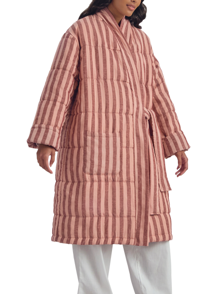 Piglet in Bed Pembroke Stripe Linen Rich Housecoat, Rhubarb/Rose