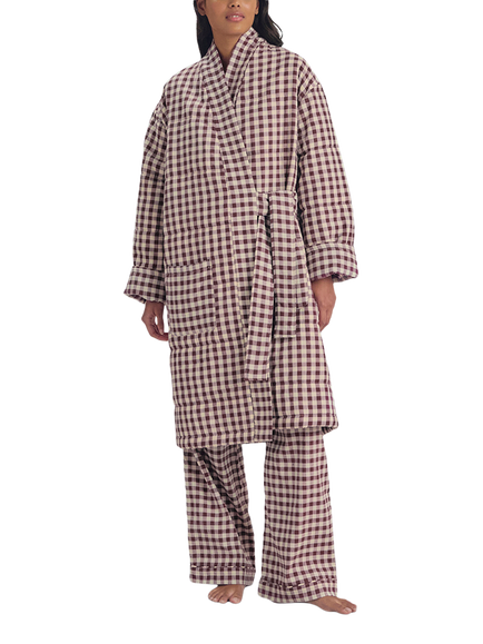 Piglet in Bed Gingham Linen Rich Housecoat - view 2, Berry