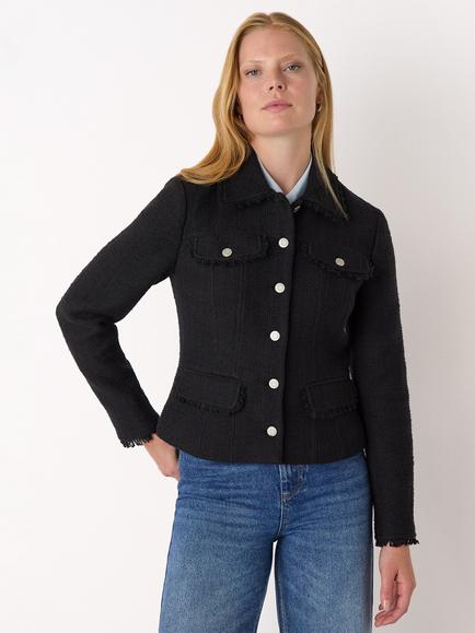 Whistles Lucie Cotton Blend Boucle Round Neck Jacket, Black