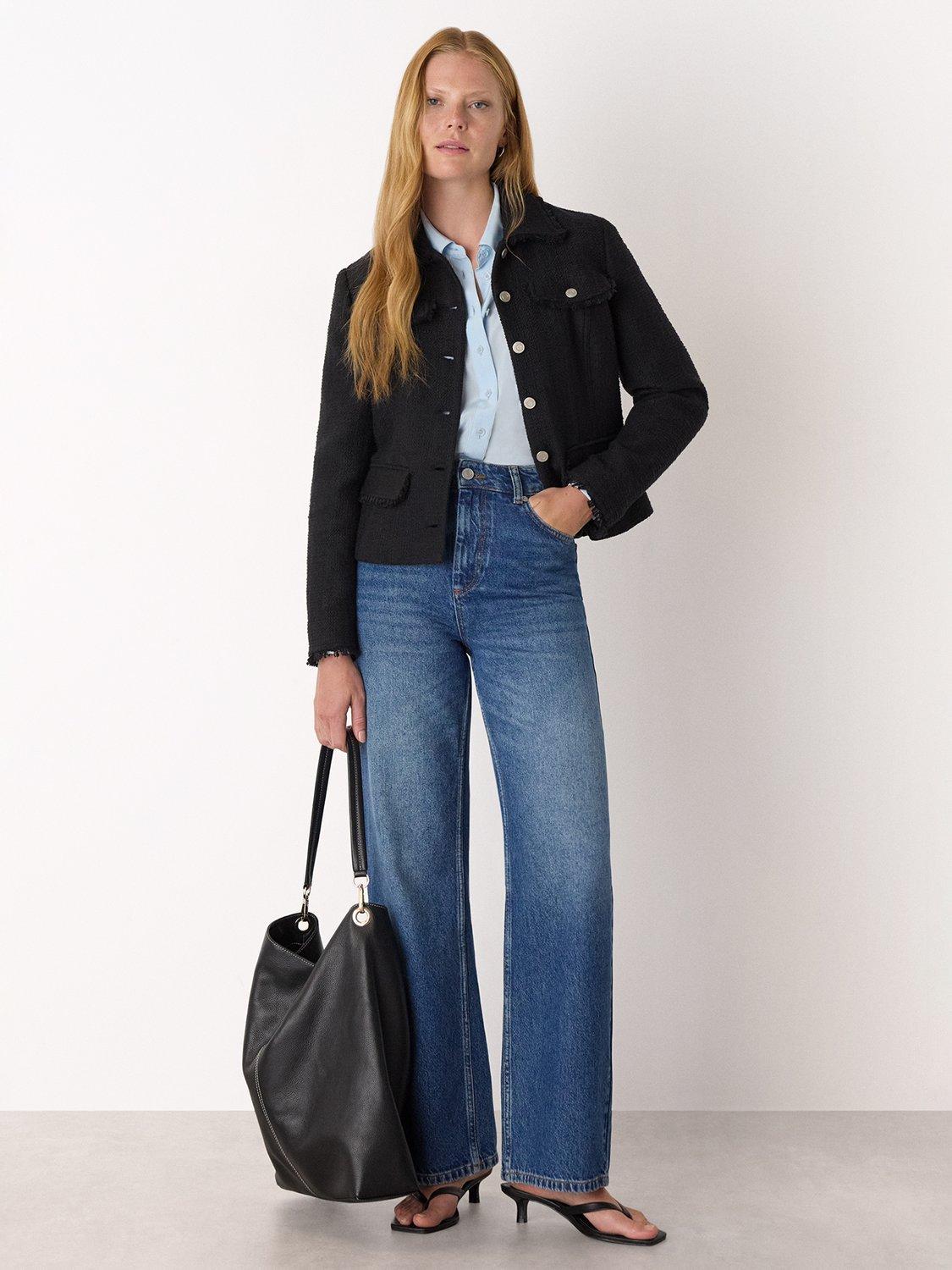 Product image 3 of 5, which shows Whistles Lucie Cotton Blend Boucle Round Neck Jacket, Black, 6