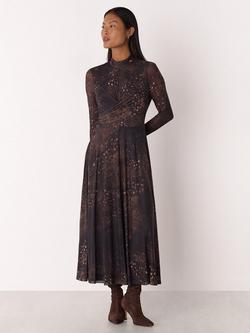 Whistles Petite High Neck Animal Print Long Sleeved Midi Dress, Brown/Multi