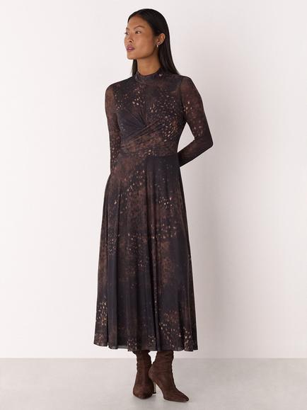 Whistles Petite High Neck Animal Print Long Sleeved Midi Dress, Brown/Multi