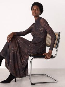 Whistles Spotted Animal Mesh Flared Midi Dress, Brown/Multi