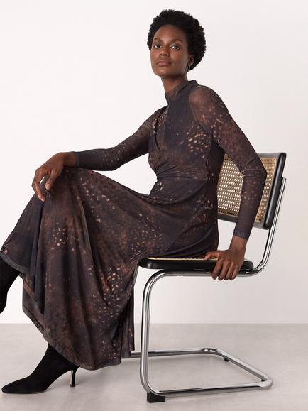 Whistles Spotted Animal Mesh Flared Midi Dress, Brown/Multi