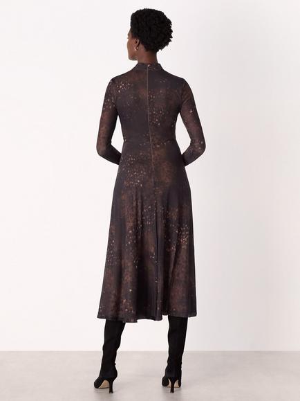 Whistles Spotted Animal Mesh Flared Midi Dress - view 2, Brown/Multi