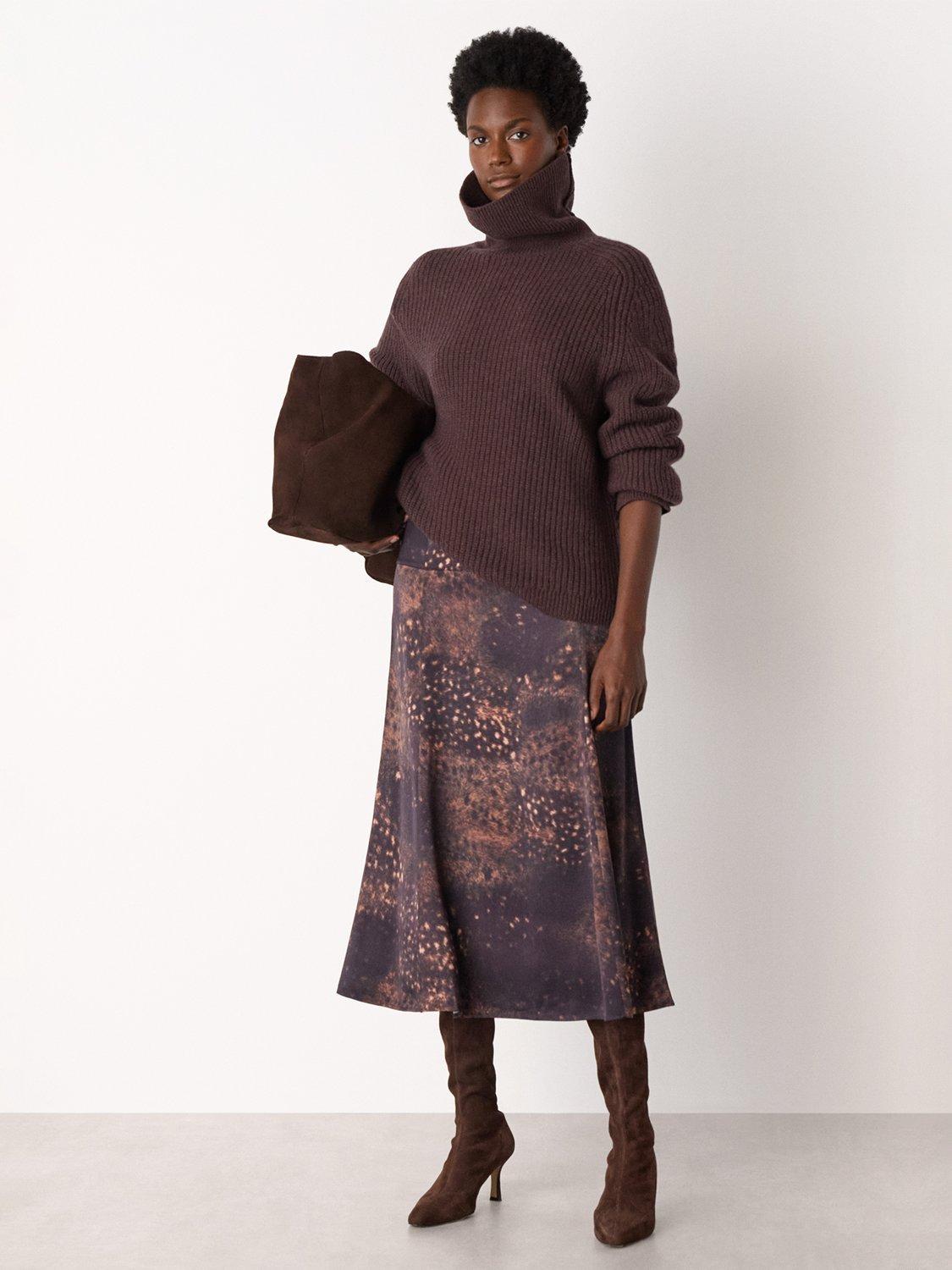 Product image 3 of 5, which shows Whistles Spotted Animal Pattern Midi Slip Dress, Brown/Multi, 6