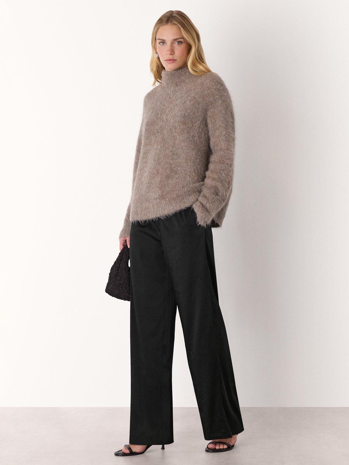 Product image 1 of 5, which shows Whistles Textured Satin Wide Leg Trousers, Black, 6