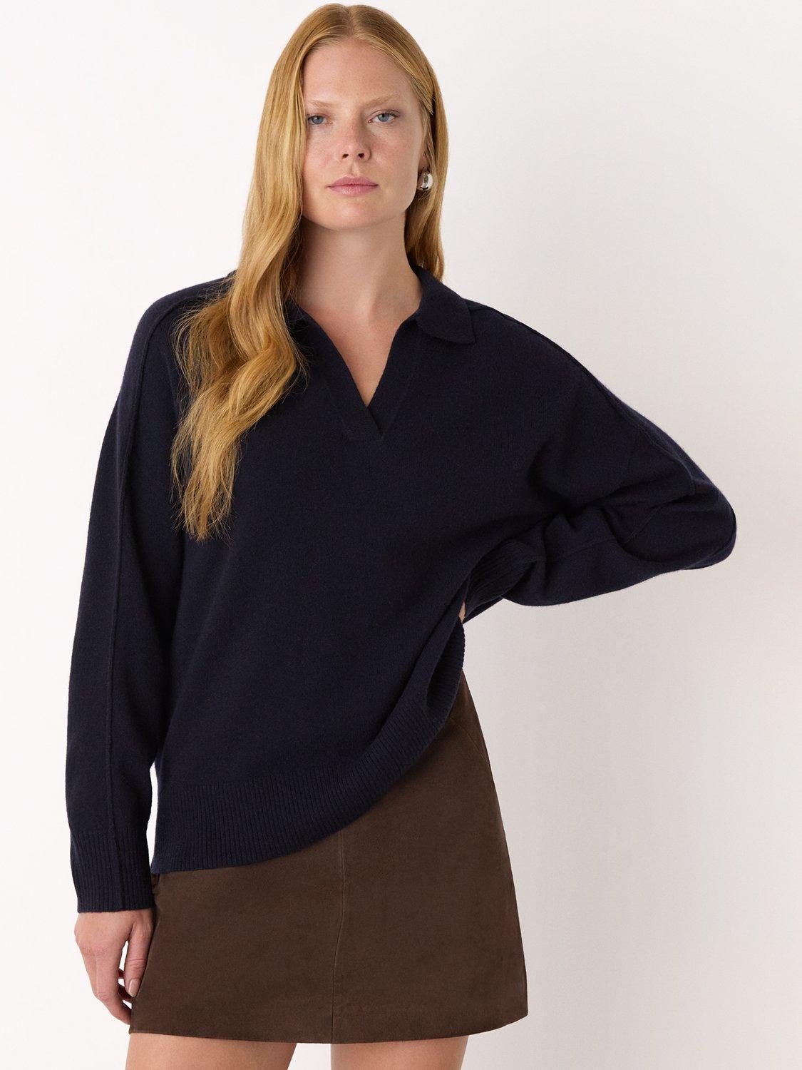 Product image 1 of 5, which shows Whistles Wool Collar Neck Jumper, Navy, XS