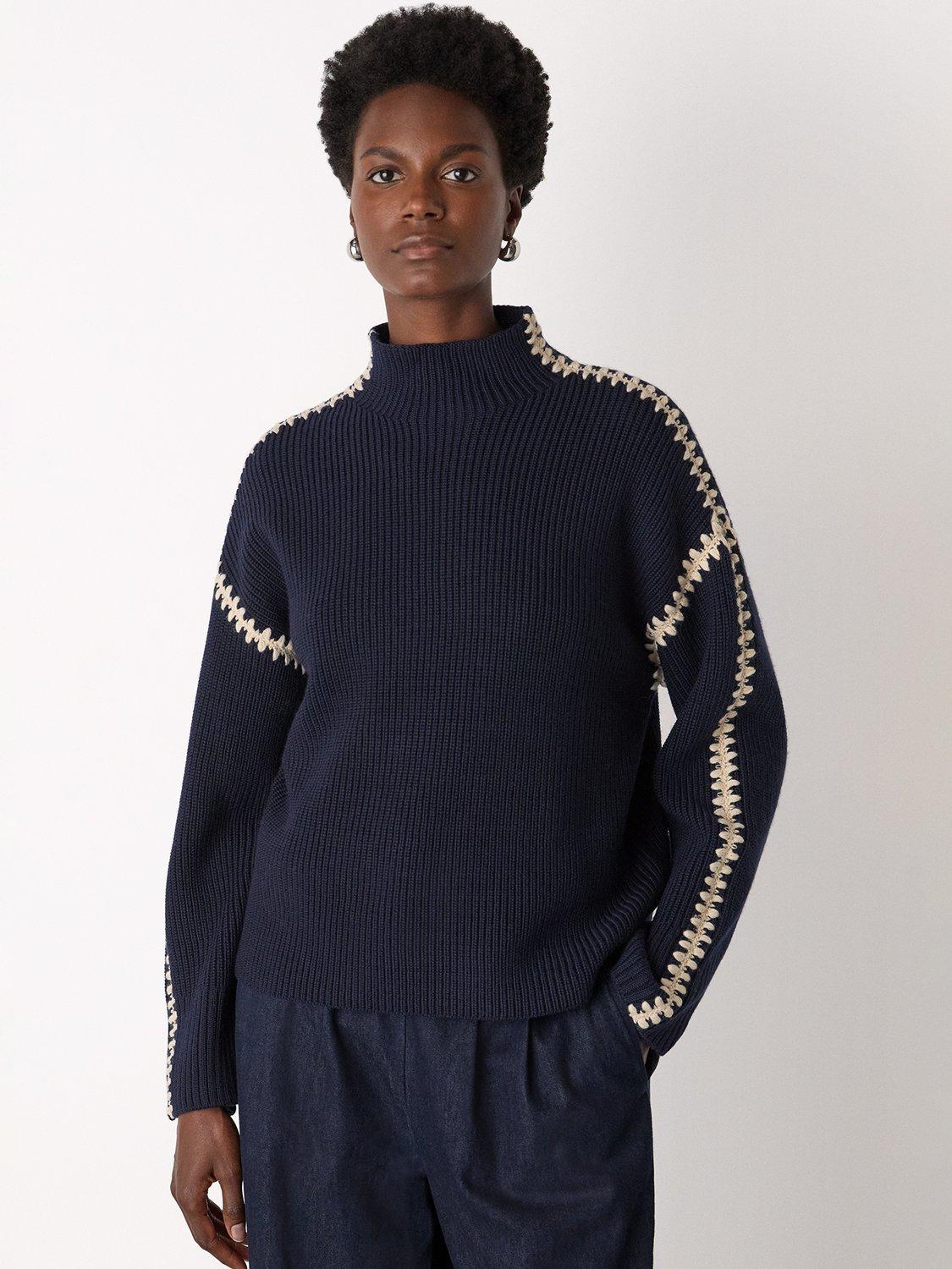 Product image 1 of 5, which shows Whistles Blanket Stitch Wool Rich Jumper, Navy, XS