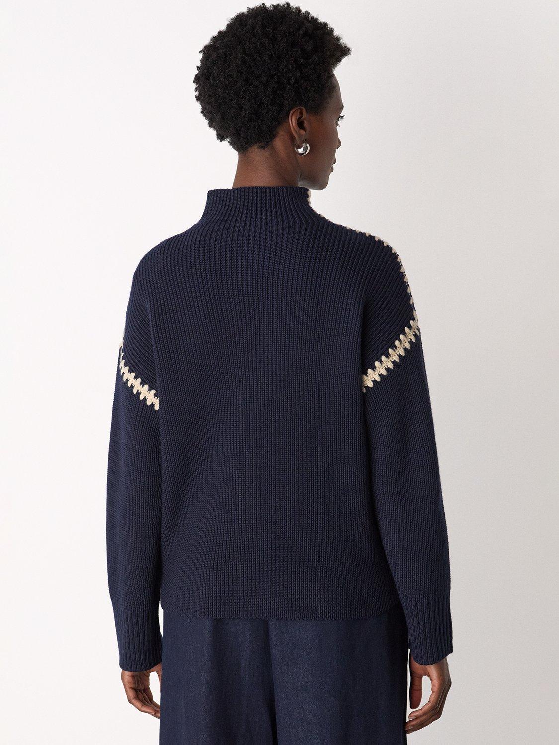 Product image 2 of 5, which shows Whistles Blanket Stitch Wool Rich Jumper, Navy, XS