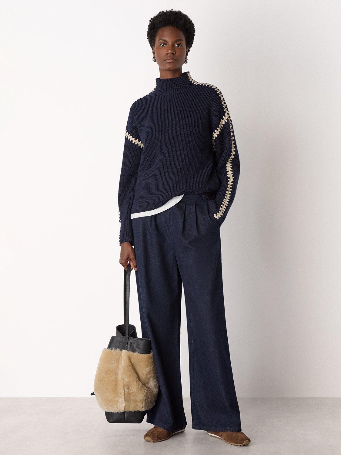 Product image 3 of 5, which shows Whistles Blanket Stitch Wool Rich Jumper, Navy, XS