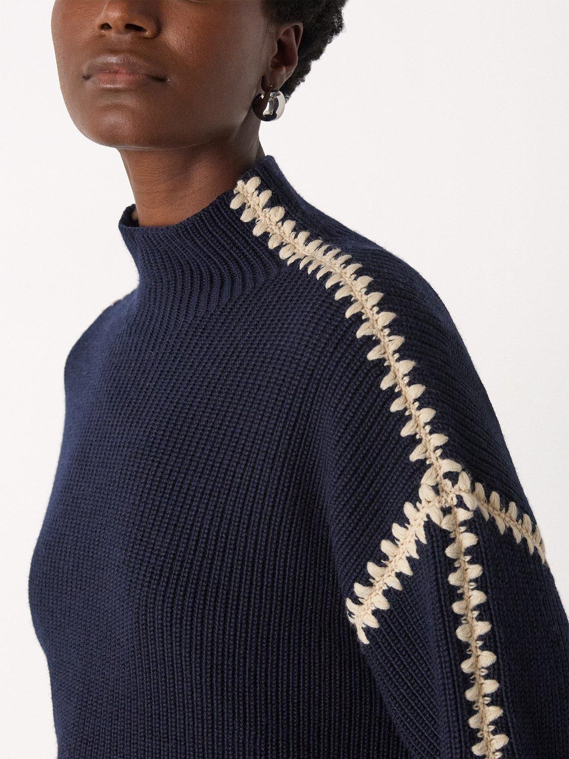 Product image 4 of 5, which shows Whistles Blanket Stitch Wool Rich Jumper, Navy, XS