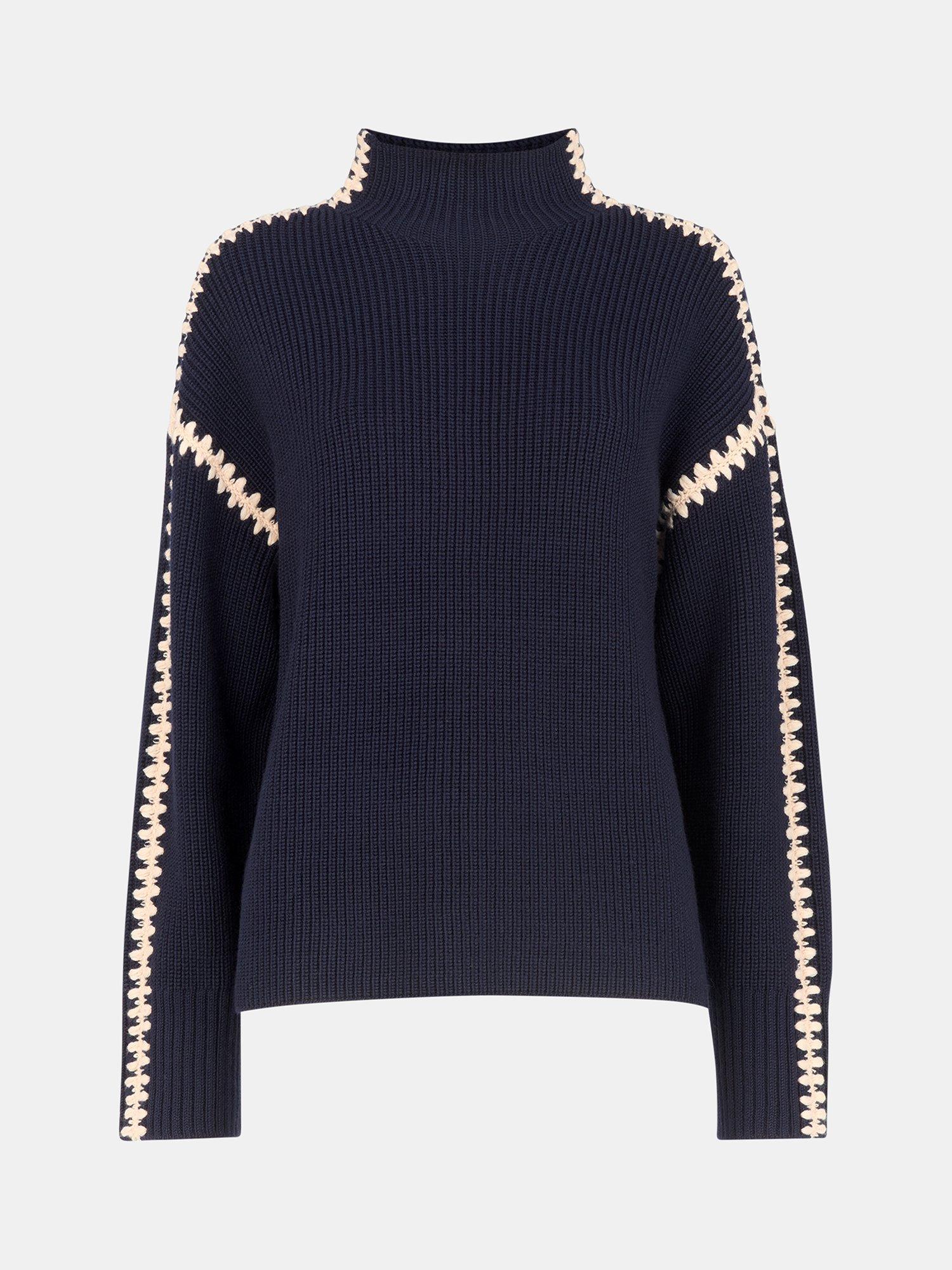 Product image 5 of 5, which shows Whistles Blanket Stitch Wool Rich Jumper, Navy, XS